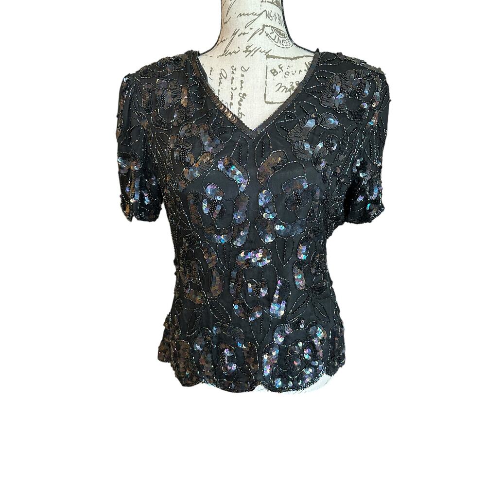 Vintage Papell Boutique Evening Silk Sequin Top Size PM Holiday Cocktail 90sGlam